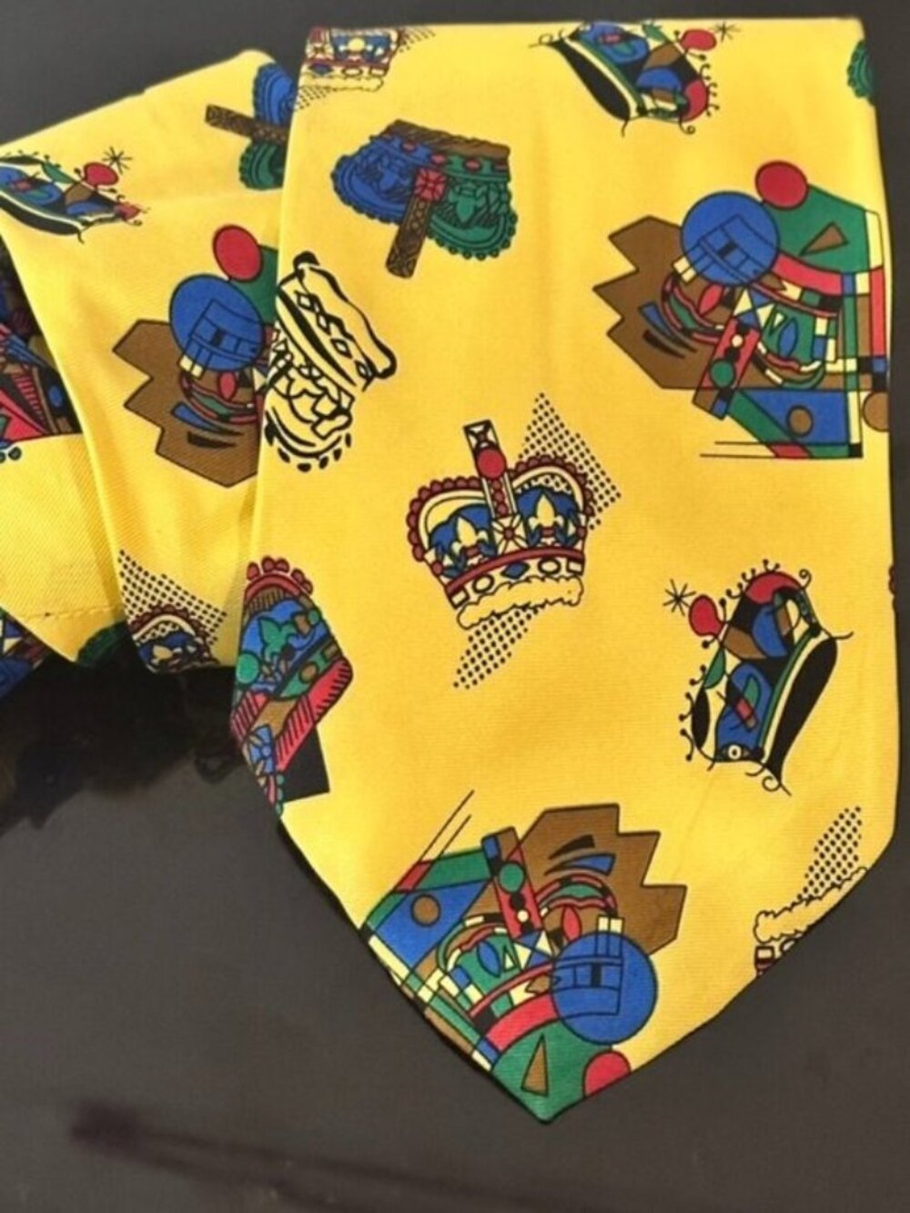Moschino Tie Crowns Collectors Item Necktie Silk Pop Art Vintage Yellow